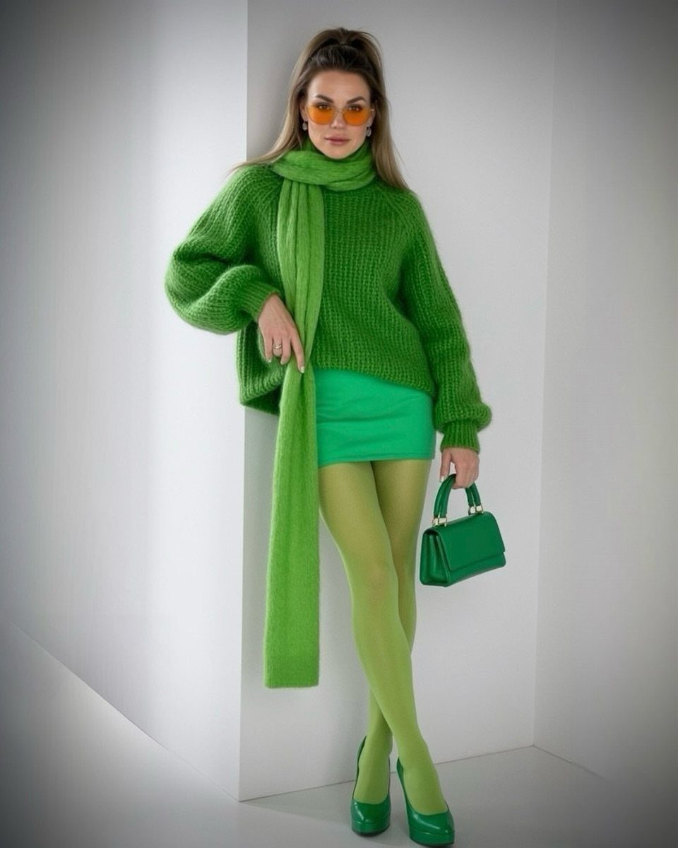 Woman posing in a full monochromatic green outfit including sweater, skirt, tights, and accessories.