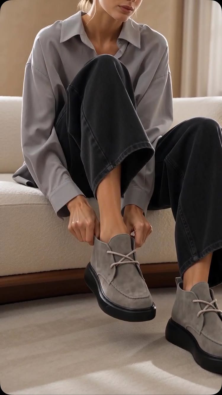 Person wearing grey button-down shirt, dark grey jeans, and grey suede ankle boots sitting on a sofa.