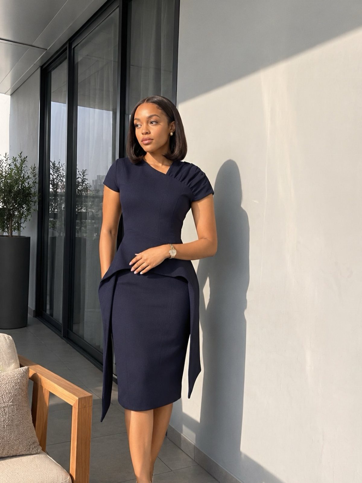 A woman in a navy blue dress posing on a balcony during golden hour.