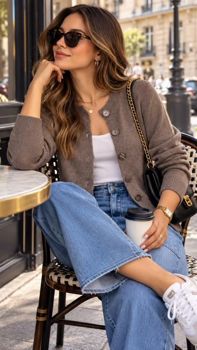 Woman sitting at a cafe wearing a brown cardigan, white tank top, and blue jeans.