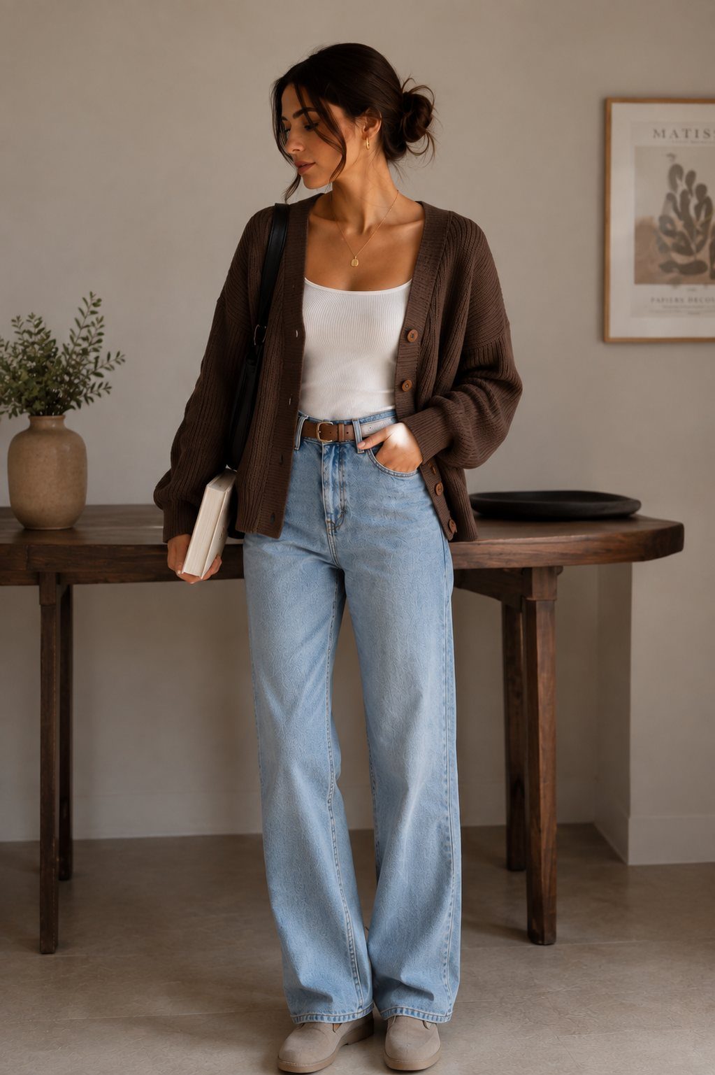 Woman wearing a brown cardigan, white tank top, and light blue wide-leg jeans standing by a table.