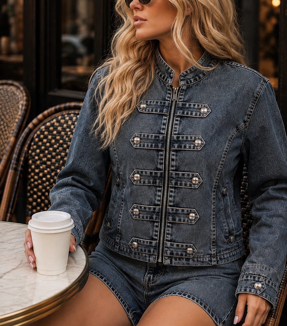 Blonde woman wearing a dark denim jacket and matching denim shorts sitting at a cafe table.