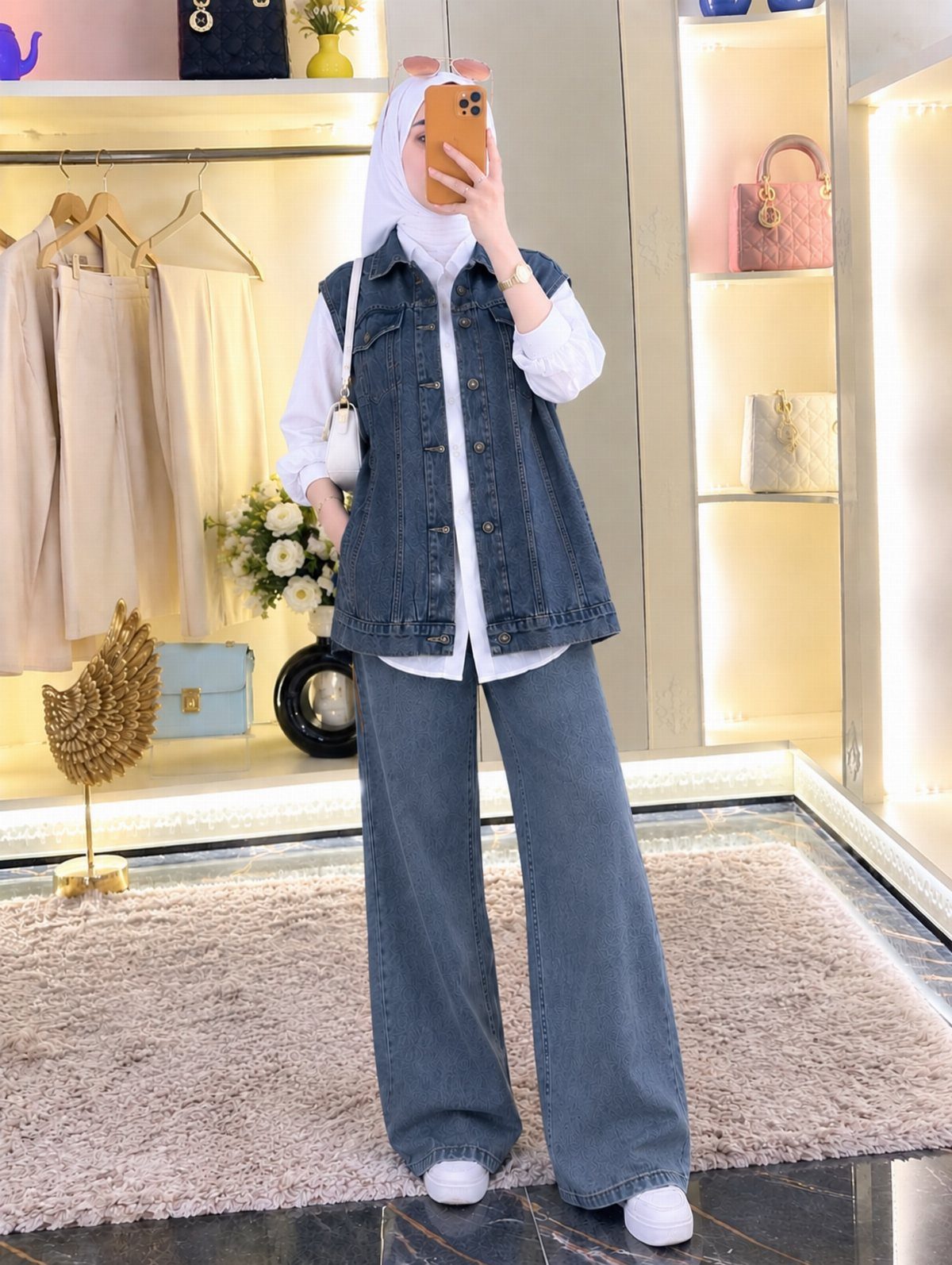 Person in a denim vest and wide-leg denim trousers taking a mirror selfie.