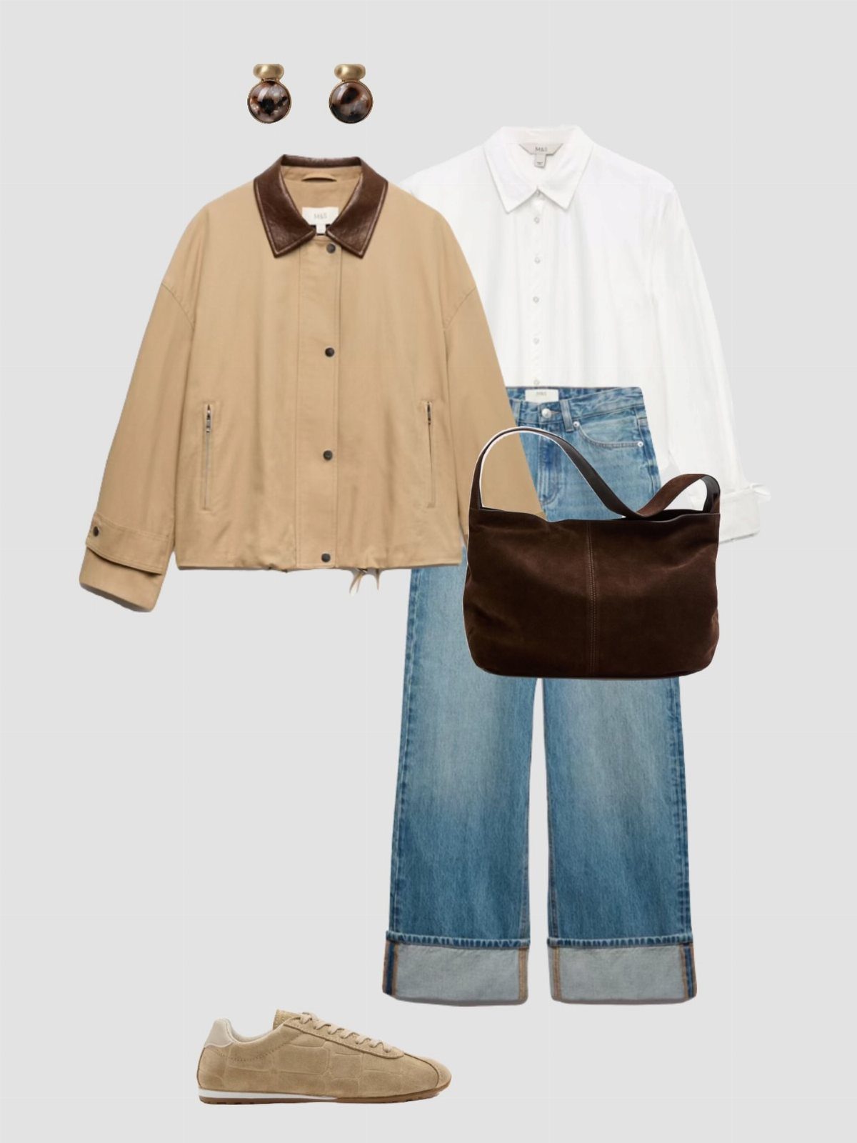 Tan jacket, white shirt, blue jeans, brown handbag, and tan sneakers arranged on a grey background.