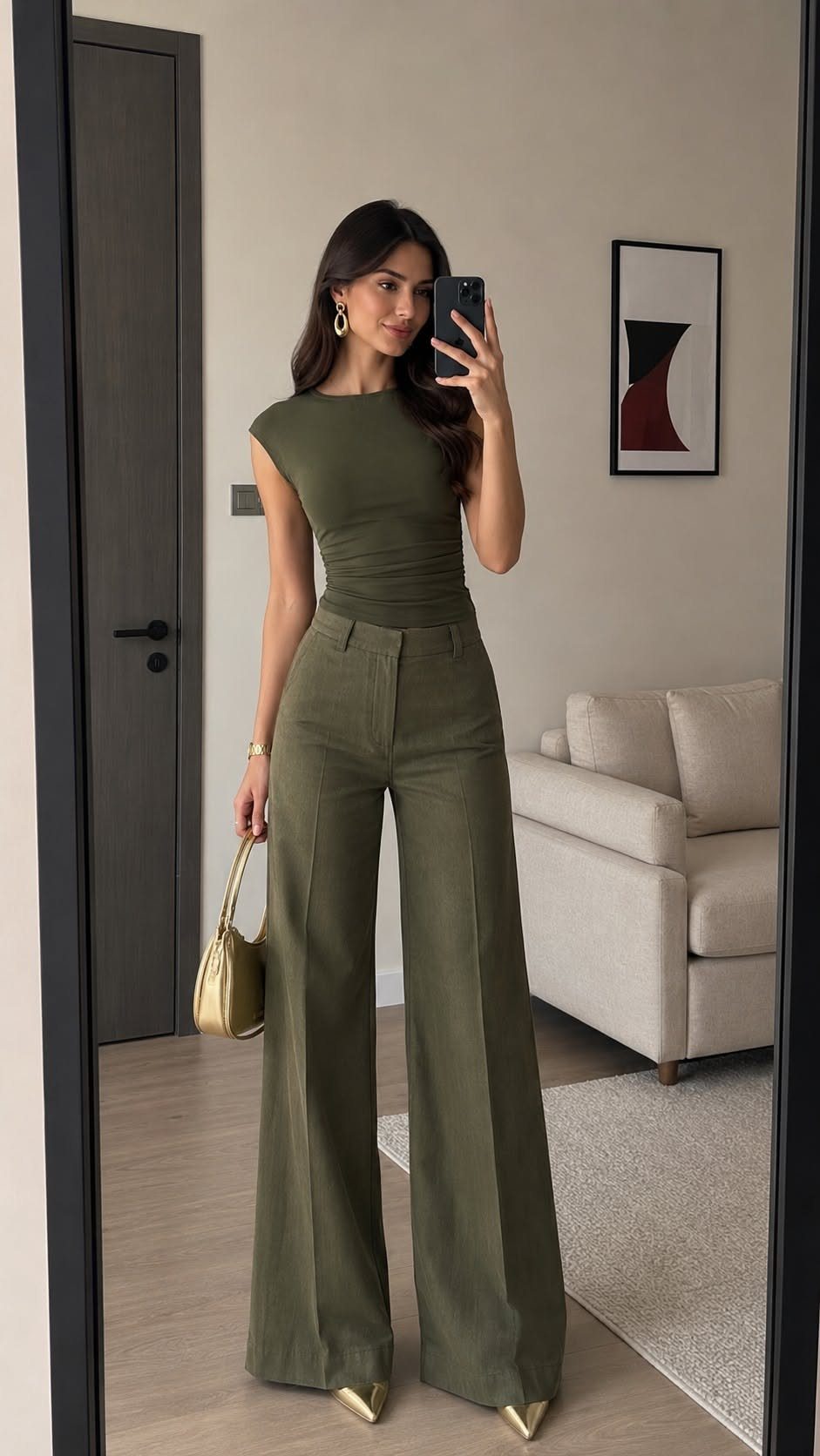 Woman in a monochromatic olive green sleeveless top and wide-leg trousers posing for a mirror selfie.