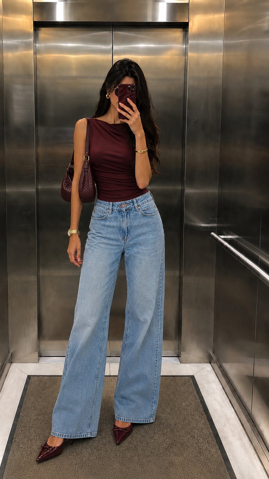 Woman in a maroon top and wide-leg blue jeans posing for a mirror selfie in an elevator.