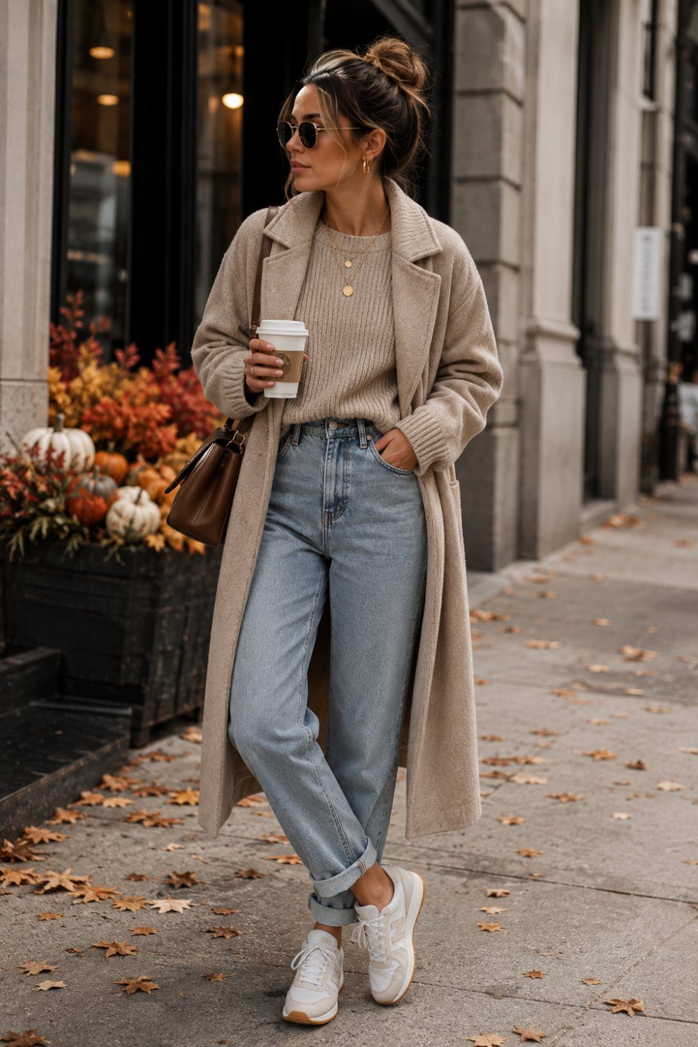Woman wearing a long beige coat, knit sweater, blue jeans, and white sneakers on a sidewalk.