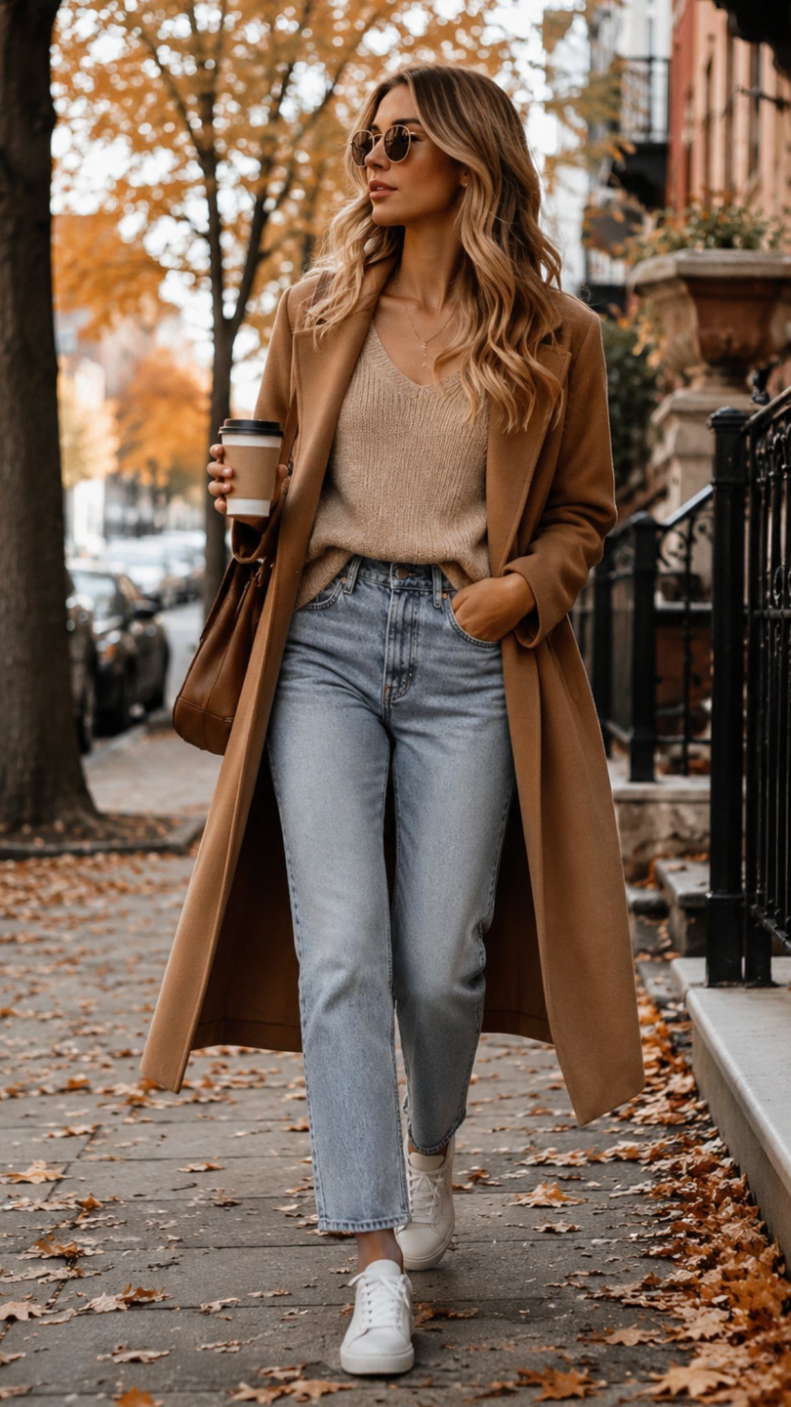 A woman in a tan coat and beige sweater walking through autumn leaves on a city sidewalk.