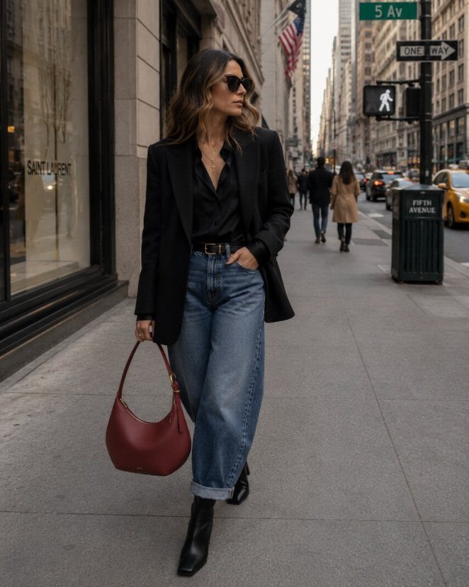 Woman walking on a city street wearing a black blazer, black shirt, and blue jeans.