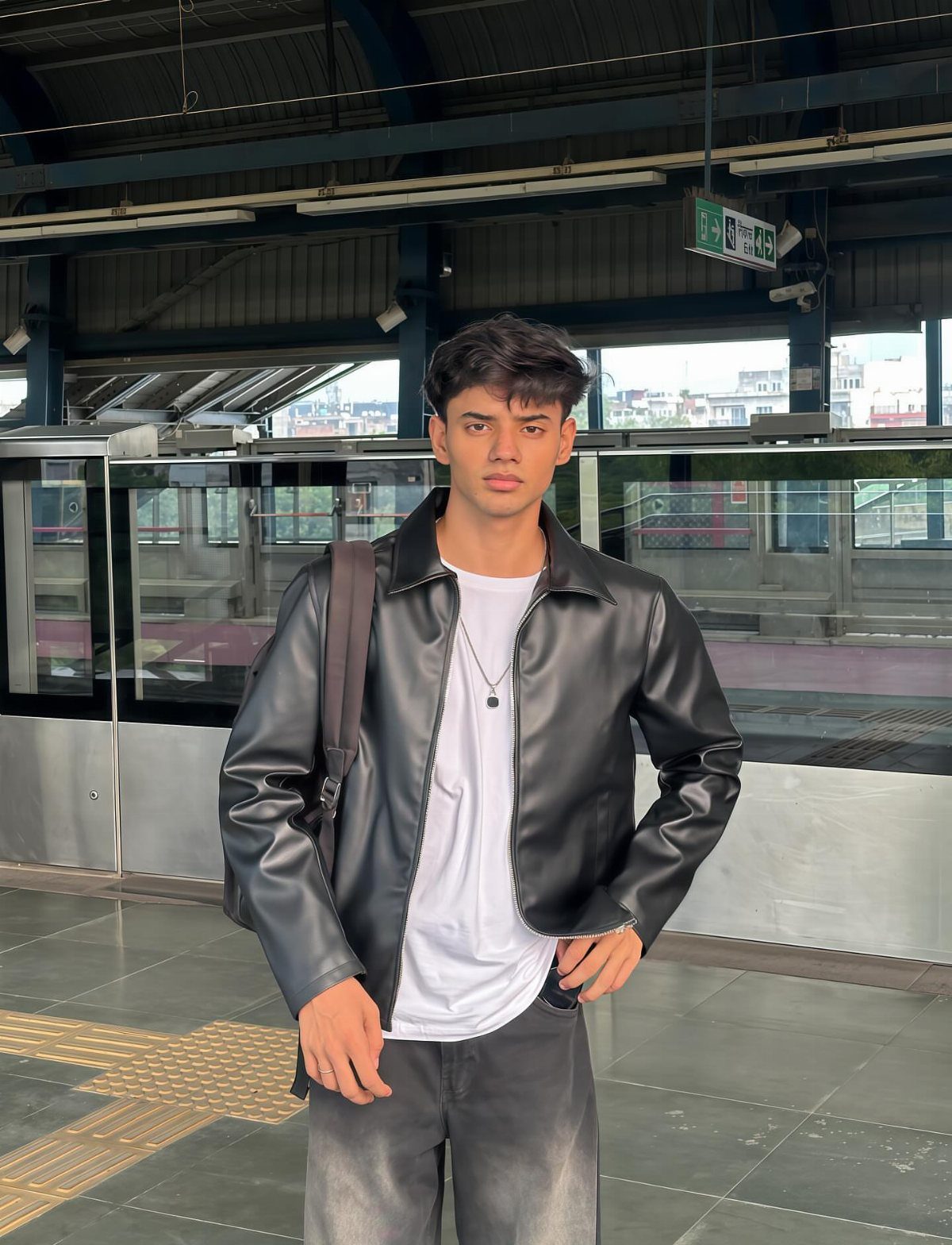 A young man posing in a black leather jacket, white t-shirt, and dark trousers at a station.