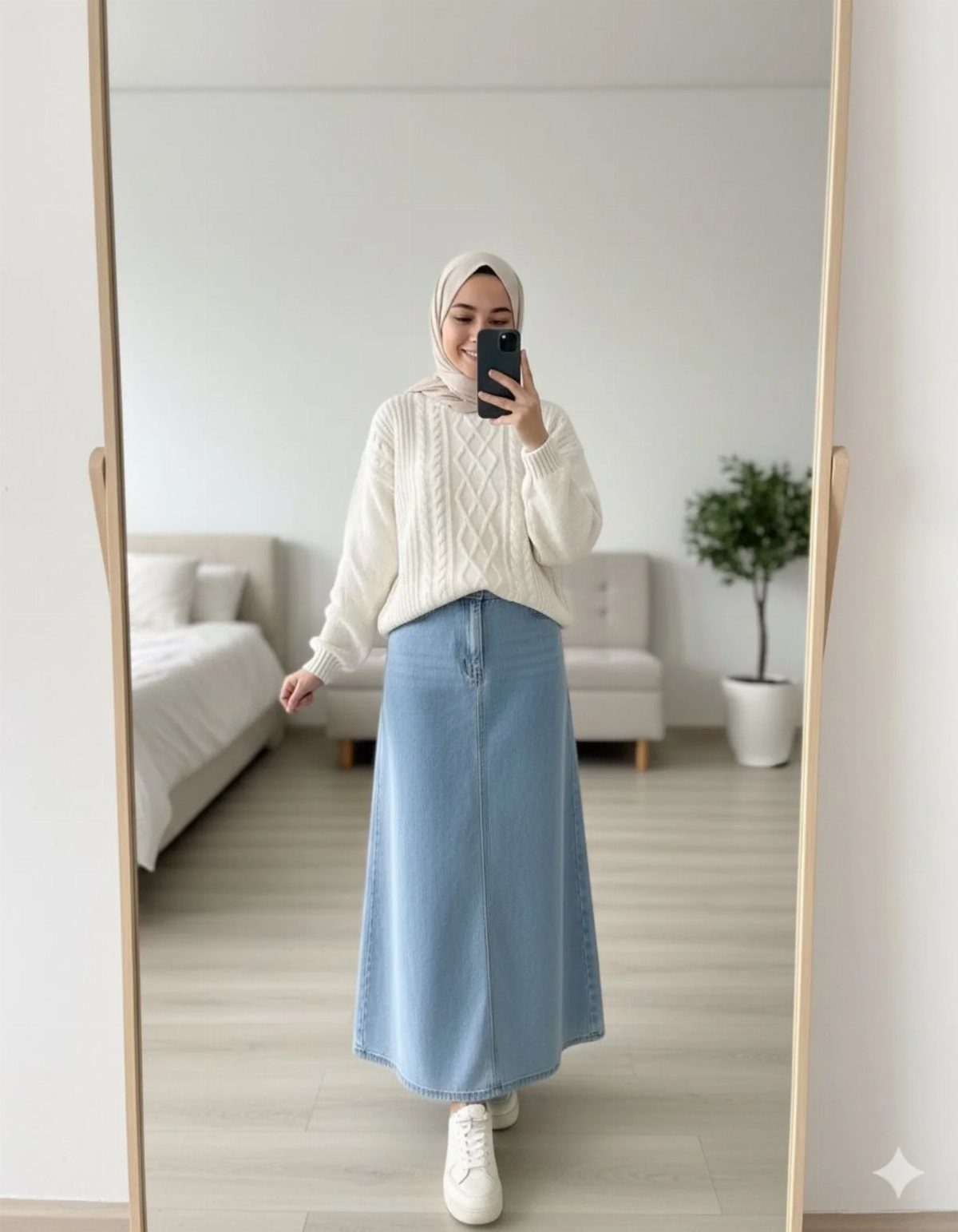Woman in a white cable-knit sweater and long denim skirt taking a mirror selfie.