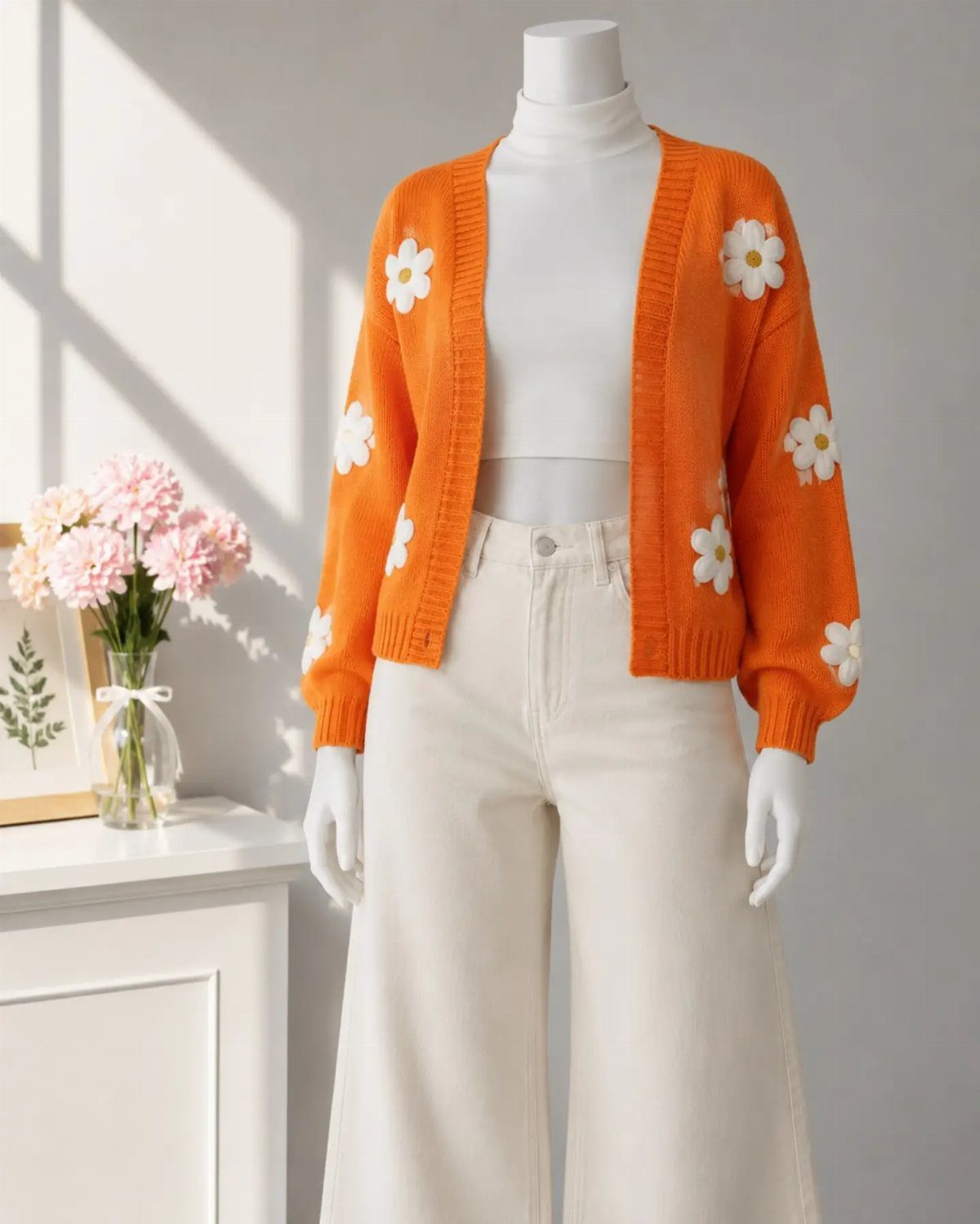 Mannequin wearing an orange daisy patterned cardigan with a white turtleneck and cream wide-leg pants.
