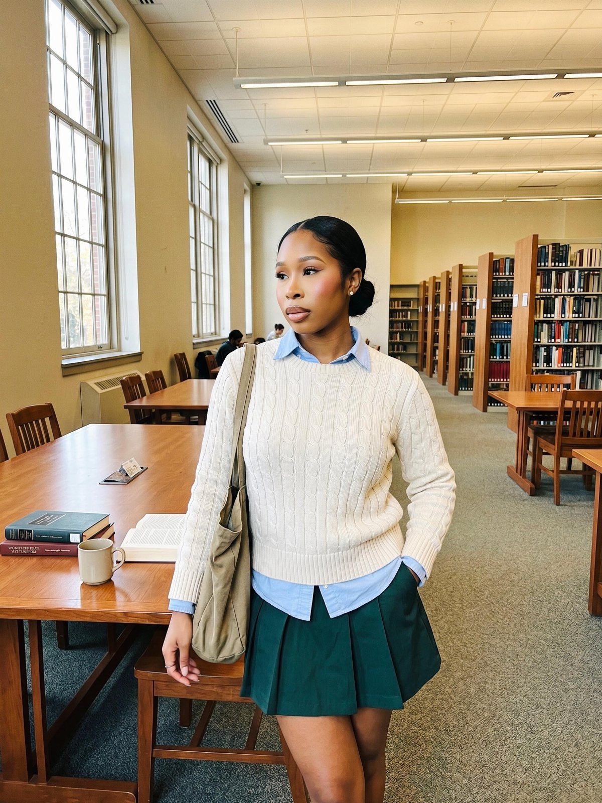 Woman in a cream cable-knit sweater, blue collared shirt, and green pleated skirt in a library.