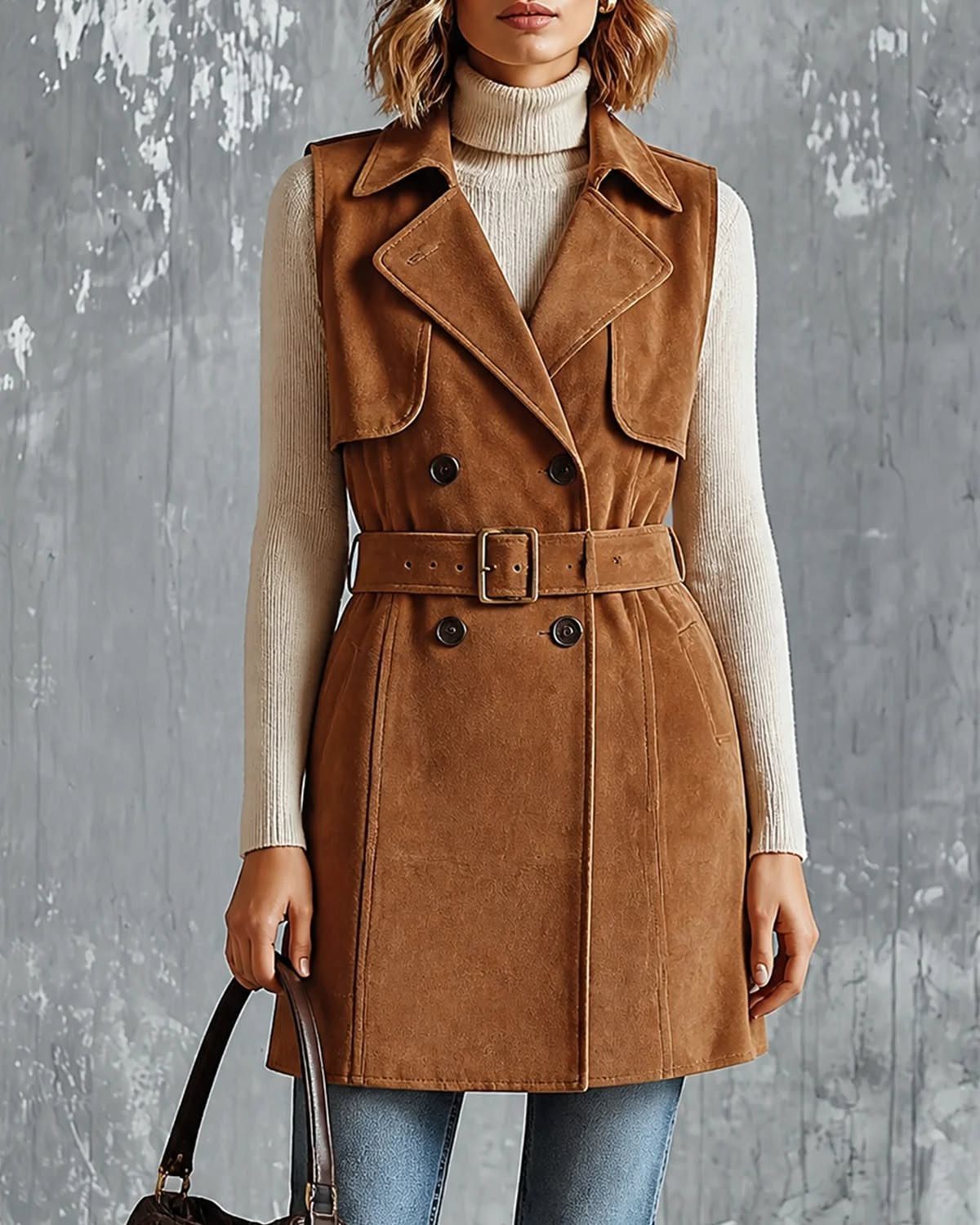 Woman wearing a cream turtleneck sweater under a brown suede belted vest and blue jeans.