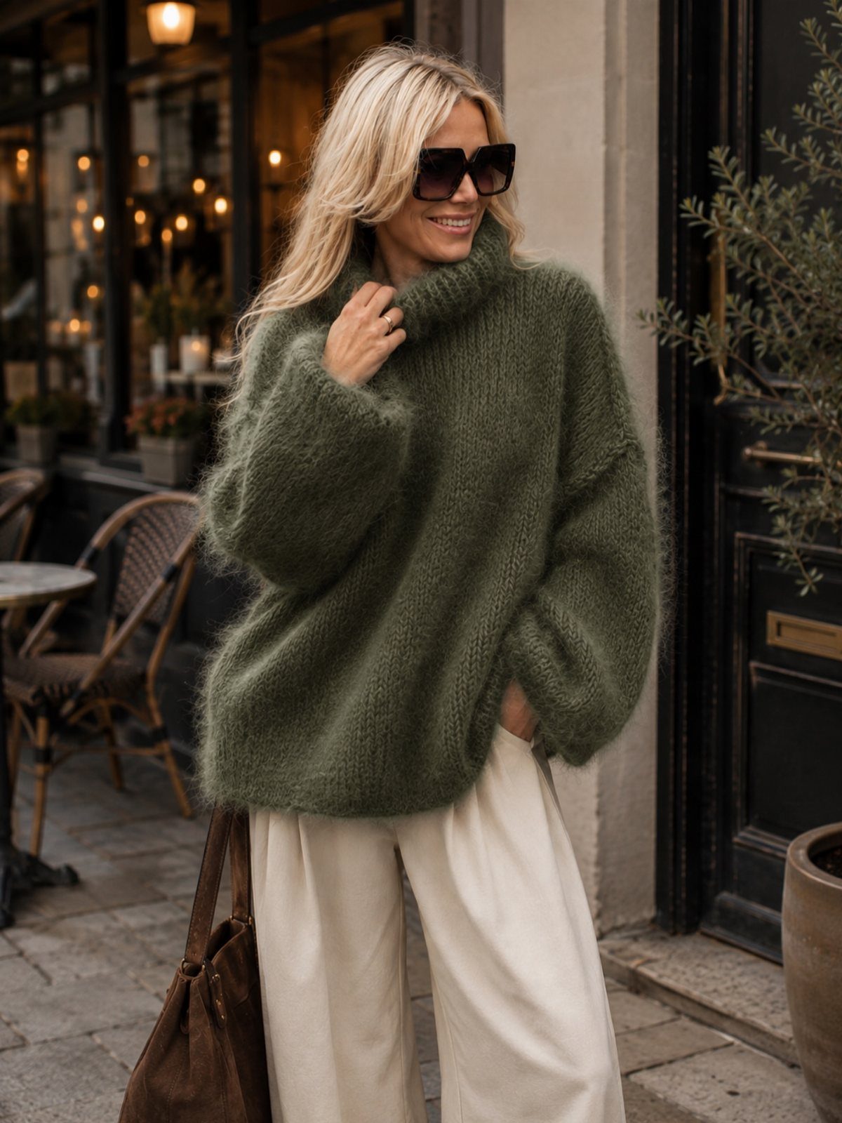 Blonde woman wearing an oversized olive green fuzzy sweater and cream wide-leg trousers outdoors.