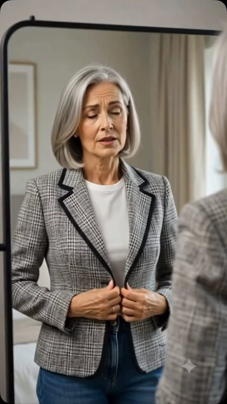 A mature woman with grey hair adjusts her plaid blazer while looking in a mirror.