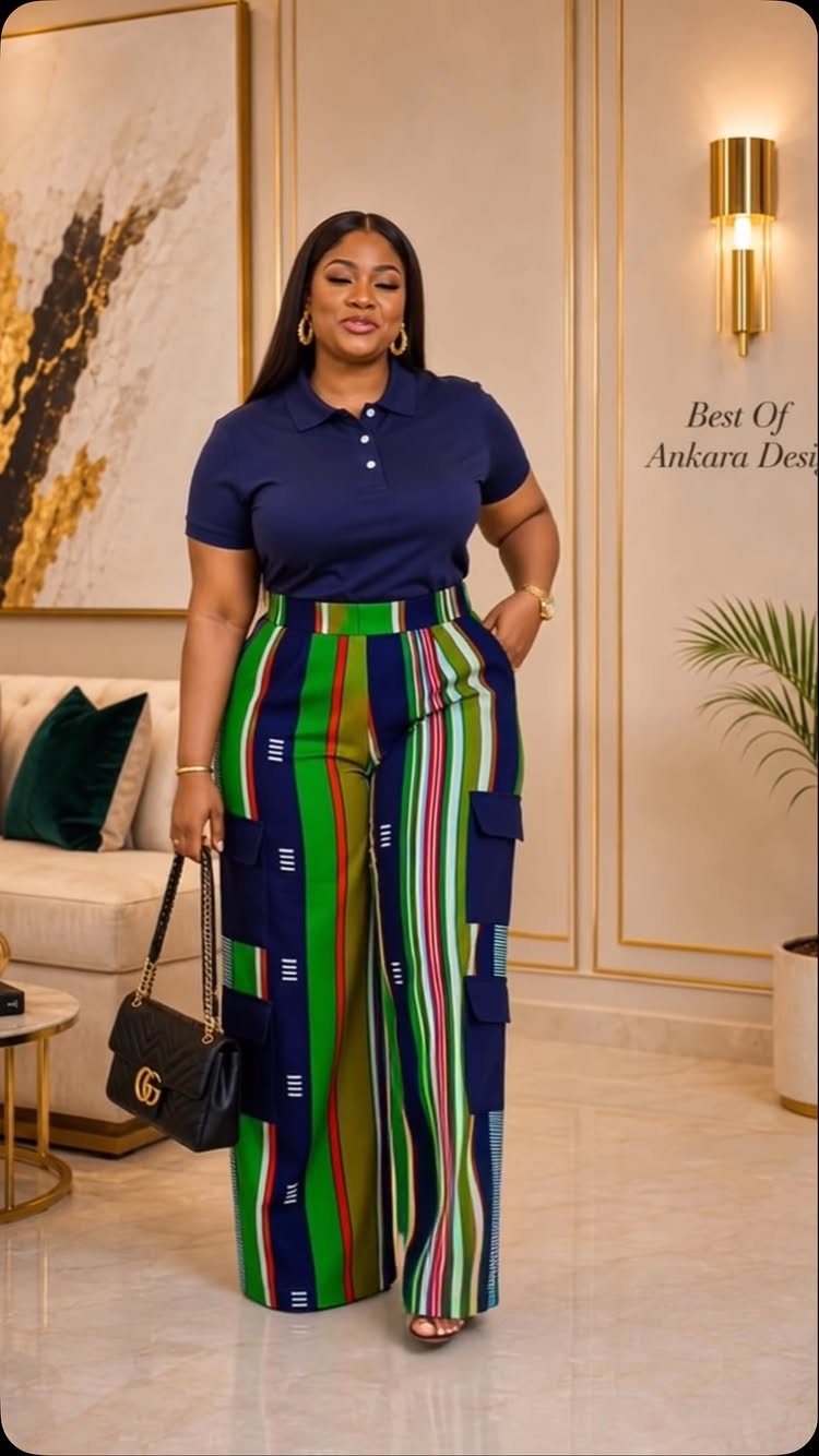 A woman wearing colorful striped wide-leg trousers and a navy polo shirt standing in a room.