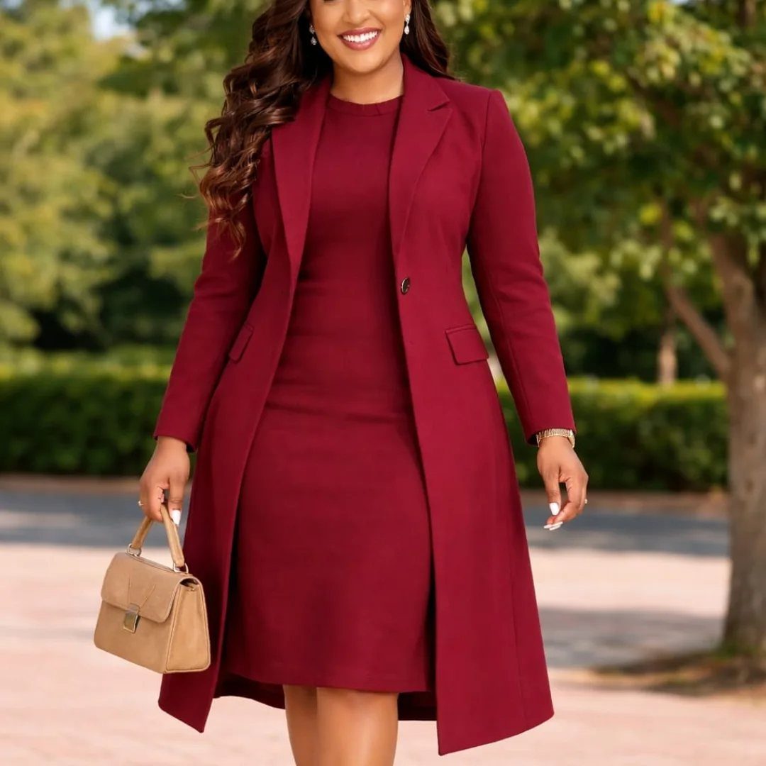 A smiling woman wearing a burgundy dress and matching long blazer while holding a tan handbag.