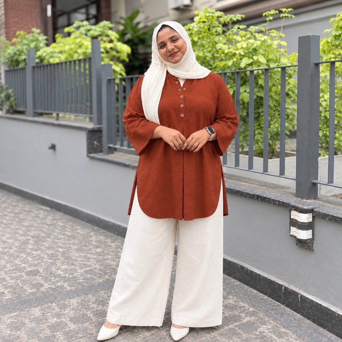 A smiling woman in a rust tunic and white wide-leg trousers standing outdoors.