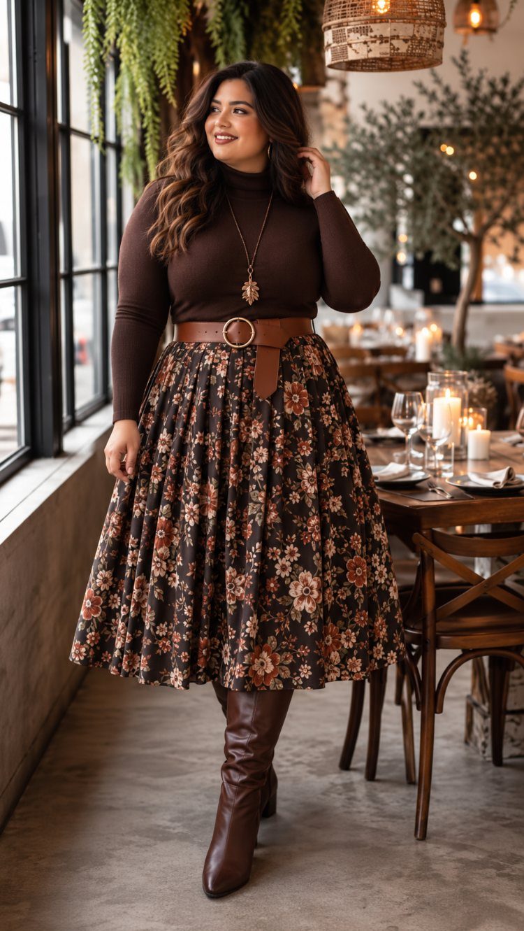 A woman in a brown turtleneck and floral skirt wearing a wide brown leather belt.