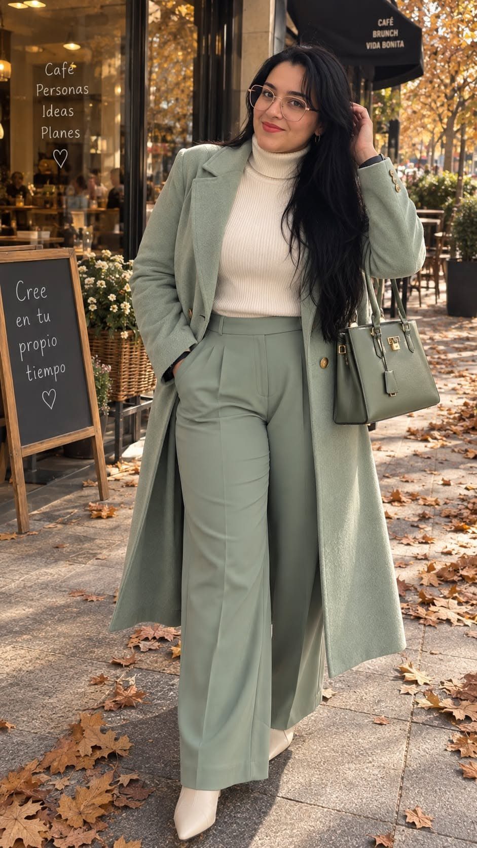 Woman wearing a cream ribbed turtleneck sweater, sage green trousers, and a long matching coat.