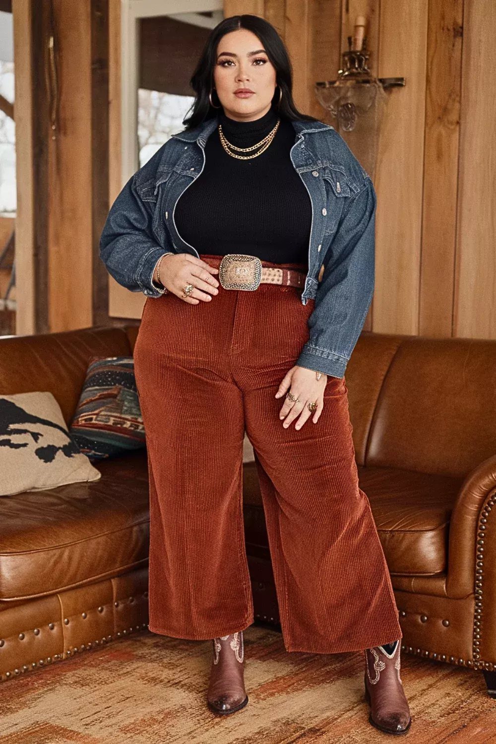 A woman wearing a denim jacket and wide-leg rust corduroy trousers standing in a room.