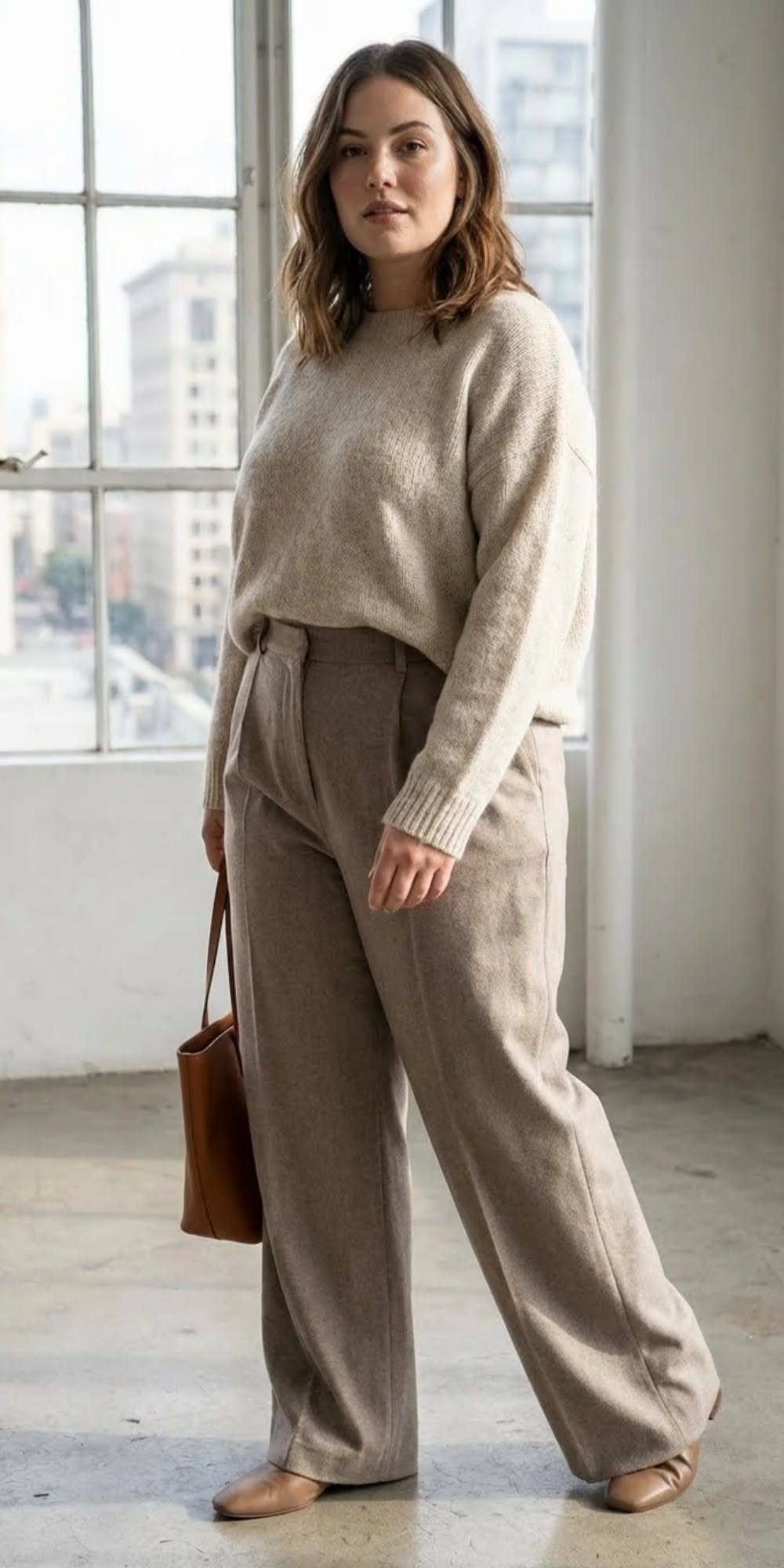 A woman in a beige knit sweater and tan wide-leg trousers standing by a window.