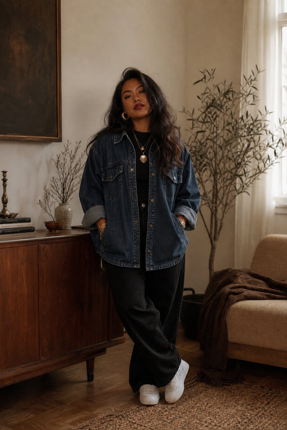 A woman wearing a denim jacket and a long layered gold necklace with a pendant.