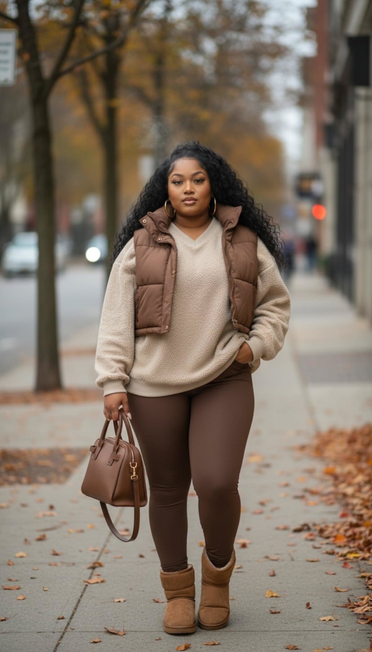 A woman in a brown puffer vest and beige sweater walking on a leaf-covered sidewalk.