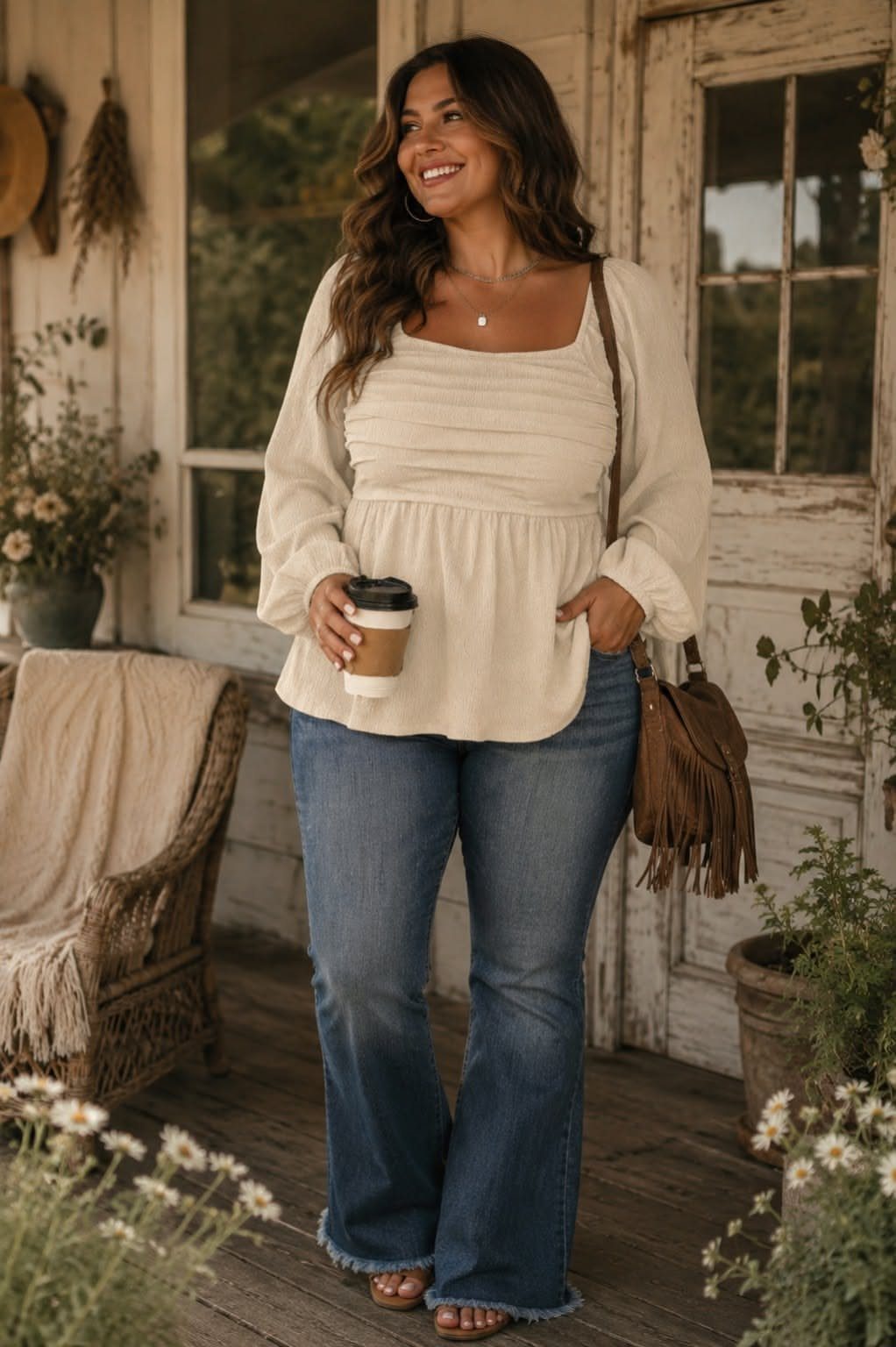 A smiling woman wearing a textured beige long sleeve top and flared blue denim jeans.