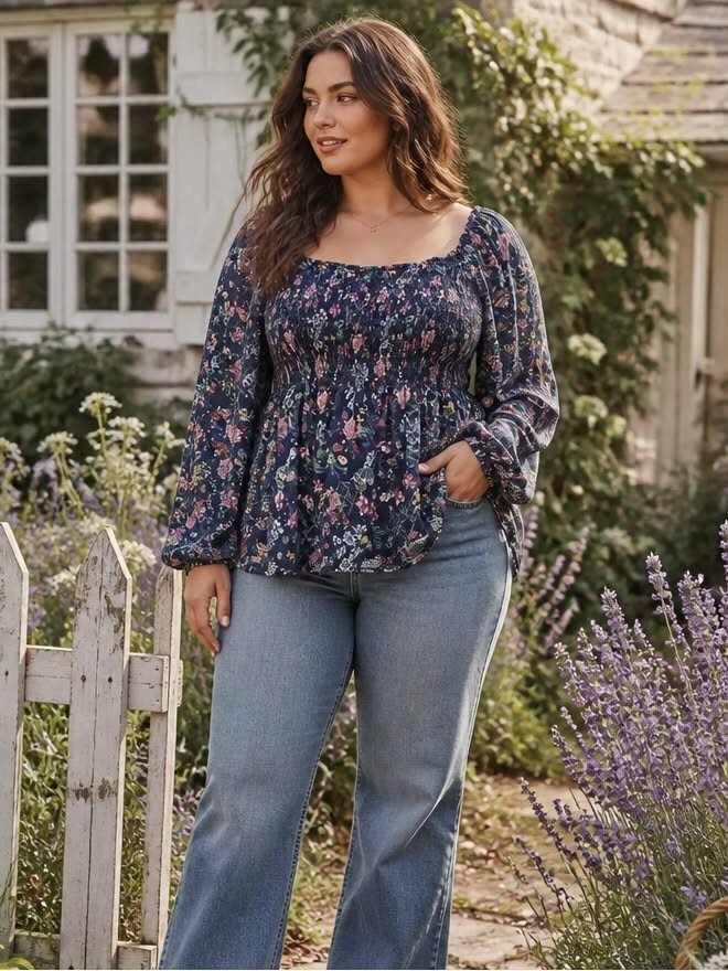 A woman wearing a dark floral blouse and blue jeans standing near lavender flowers.