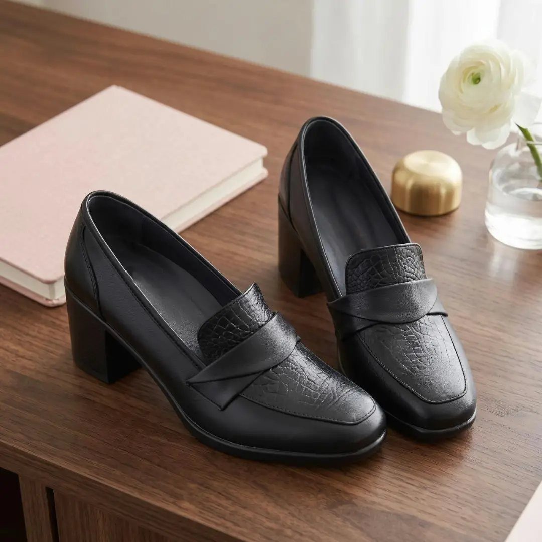 Black leather block-heeled loafers resting on a wooden desk next to a notebook and flower.