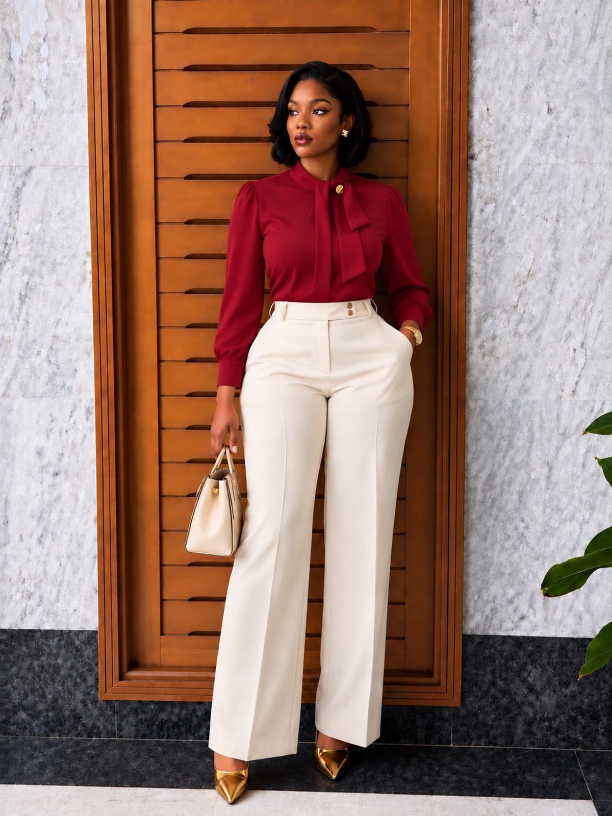 Woman in a red bow blouse and cream wide-leg trousers standing by a wooden door.