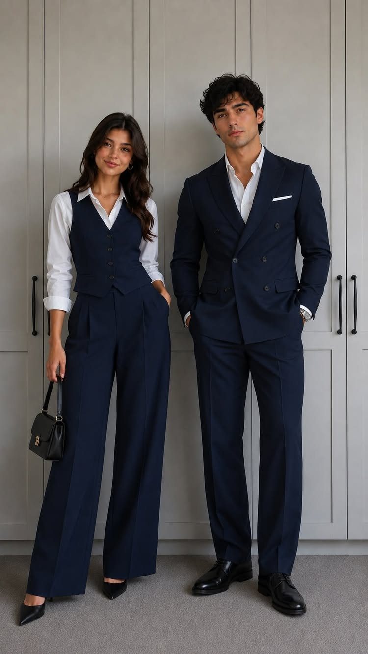 A man and woman posing in matching navy blue formal corporate business attire.