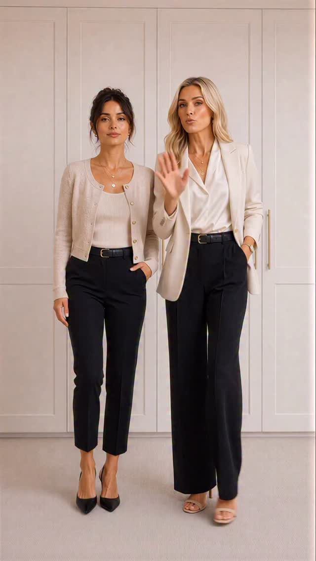 Two women posing in professional office attire featuring blazers and tailored trousers.