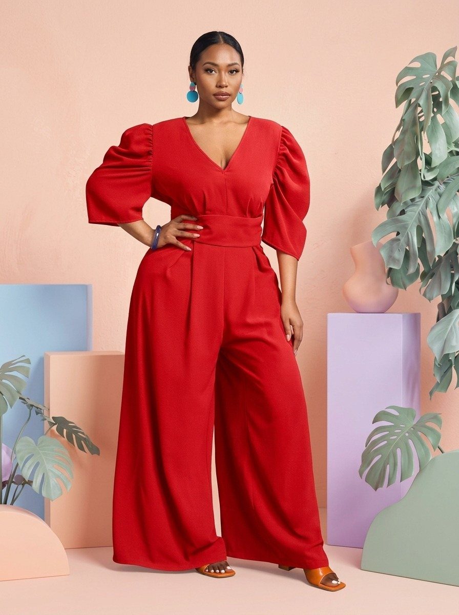 Woman in a bright red wide-leg jumpsuit with puff sleeves posing against a pastel background.