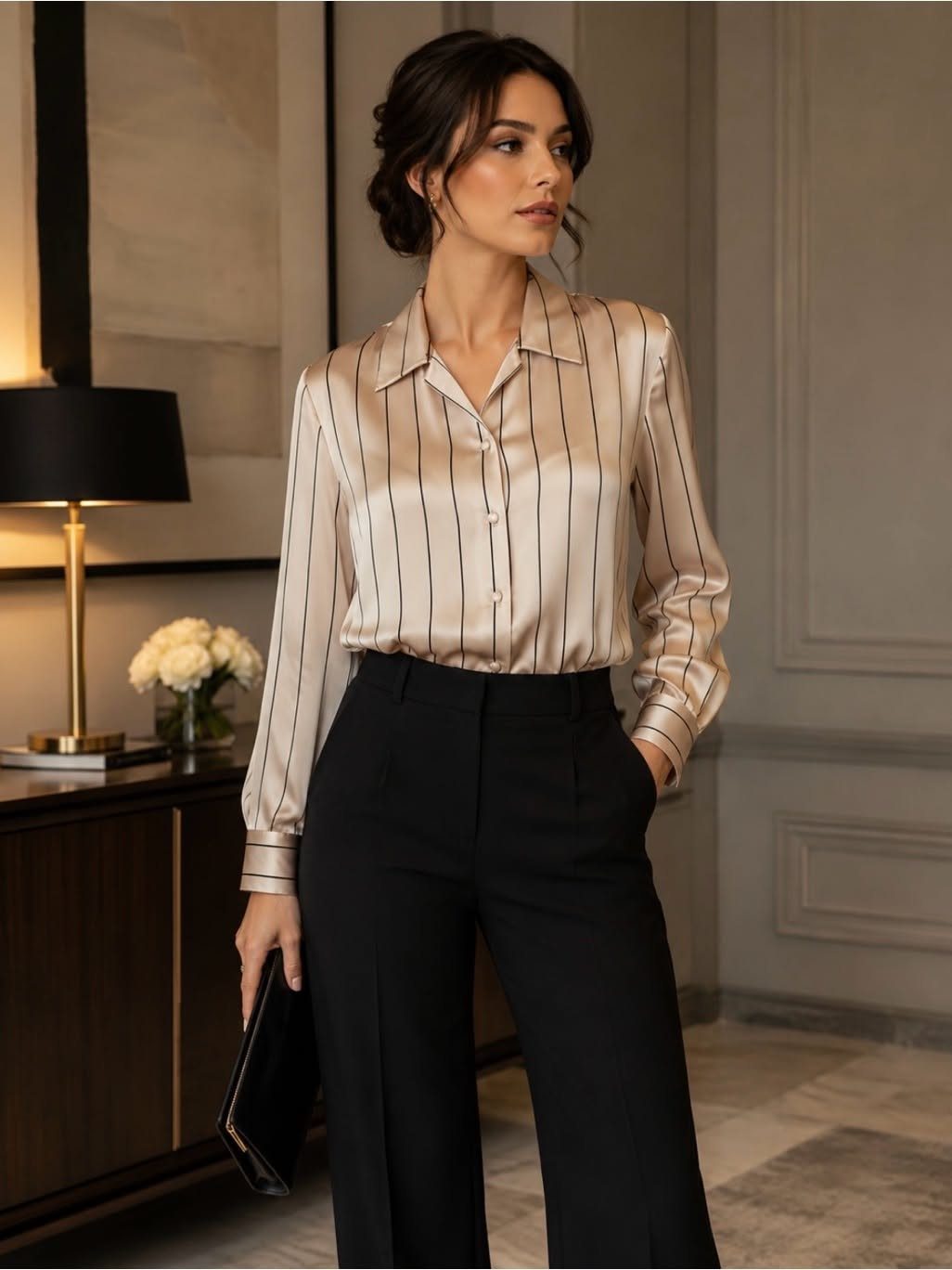 Woman in a striped champagne silk blouse and black trousers standing in a room.