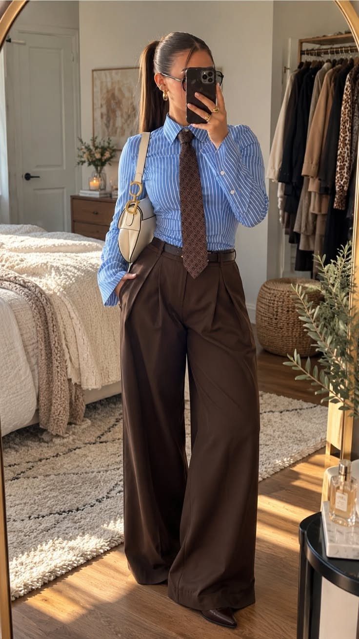 Woman in a blue striped shirt, brown tie, and wide-leg brown trousers taking a mirror selfie.
