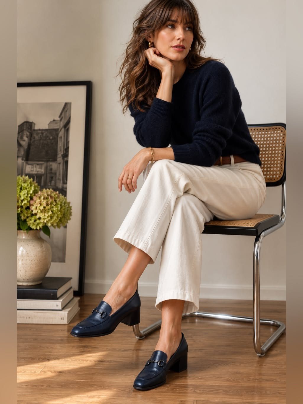 A woman sitting on a chair wearing cream trousers and navy leather loafers.