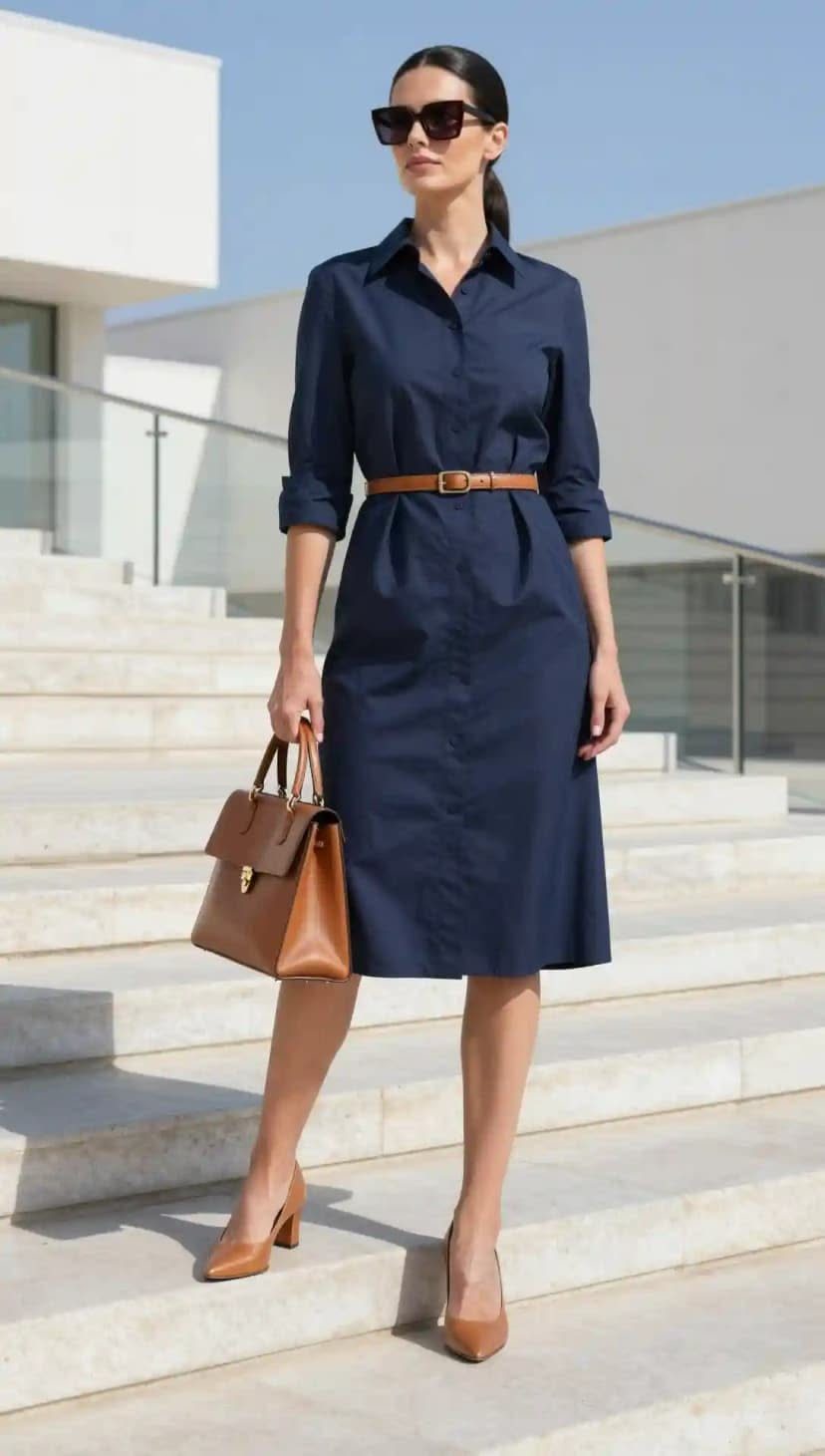 Woman in a navy blue midi dress with a brown belt standing on white stairs.