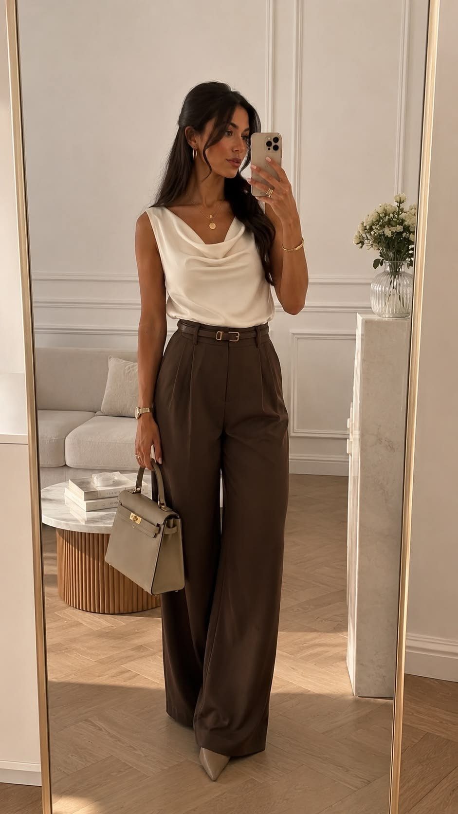 Woman in a cream silky cowl-neck blouse and brown wide-leg trousers posing for a mirror selfie.