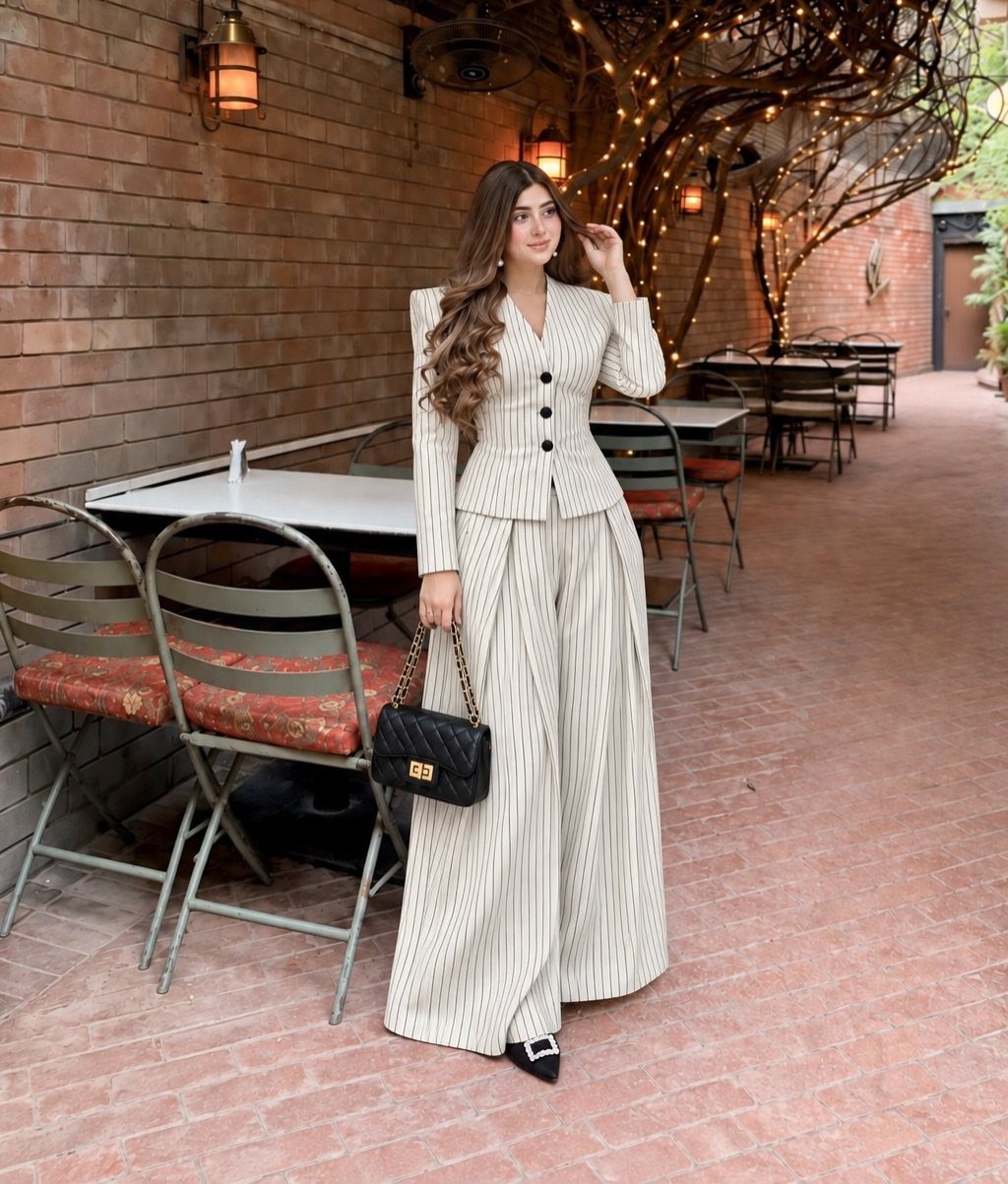 Woman wearing a cream pinstriped blazer and wide-leg trousers standing in an outdoor patio area.