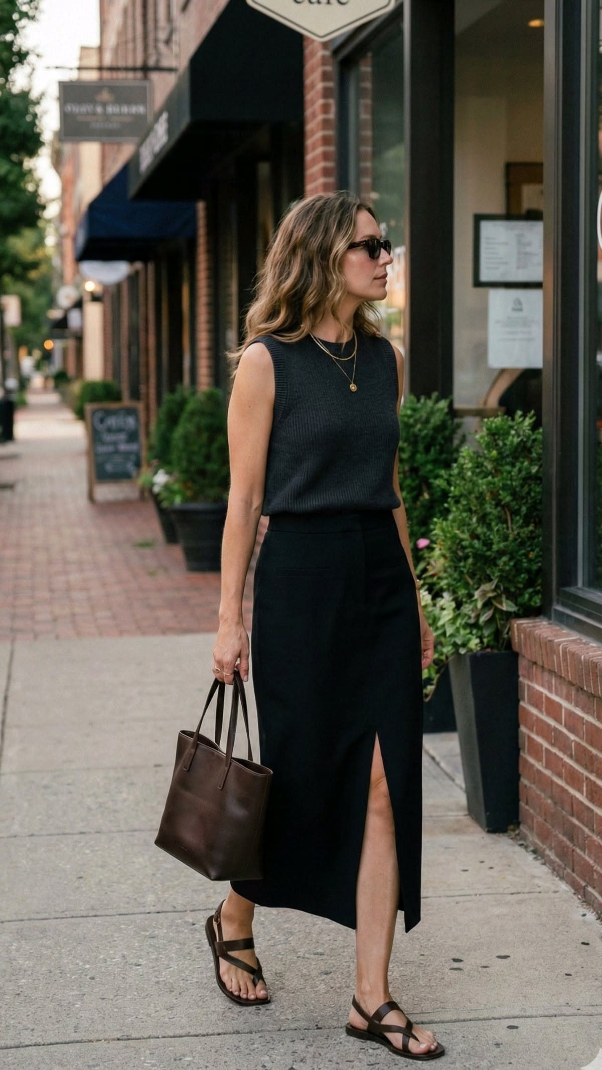 A woman walking on a sidewalk wearing a black sleeveless top and a black midi skirt.