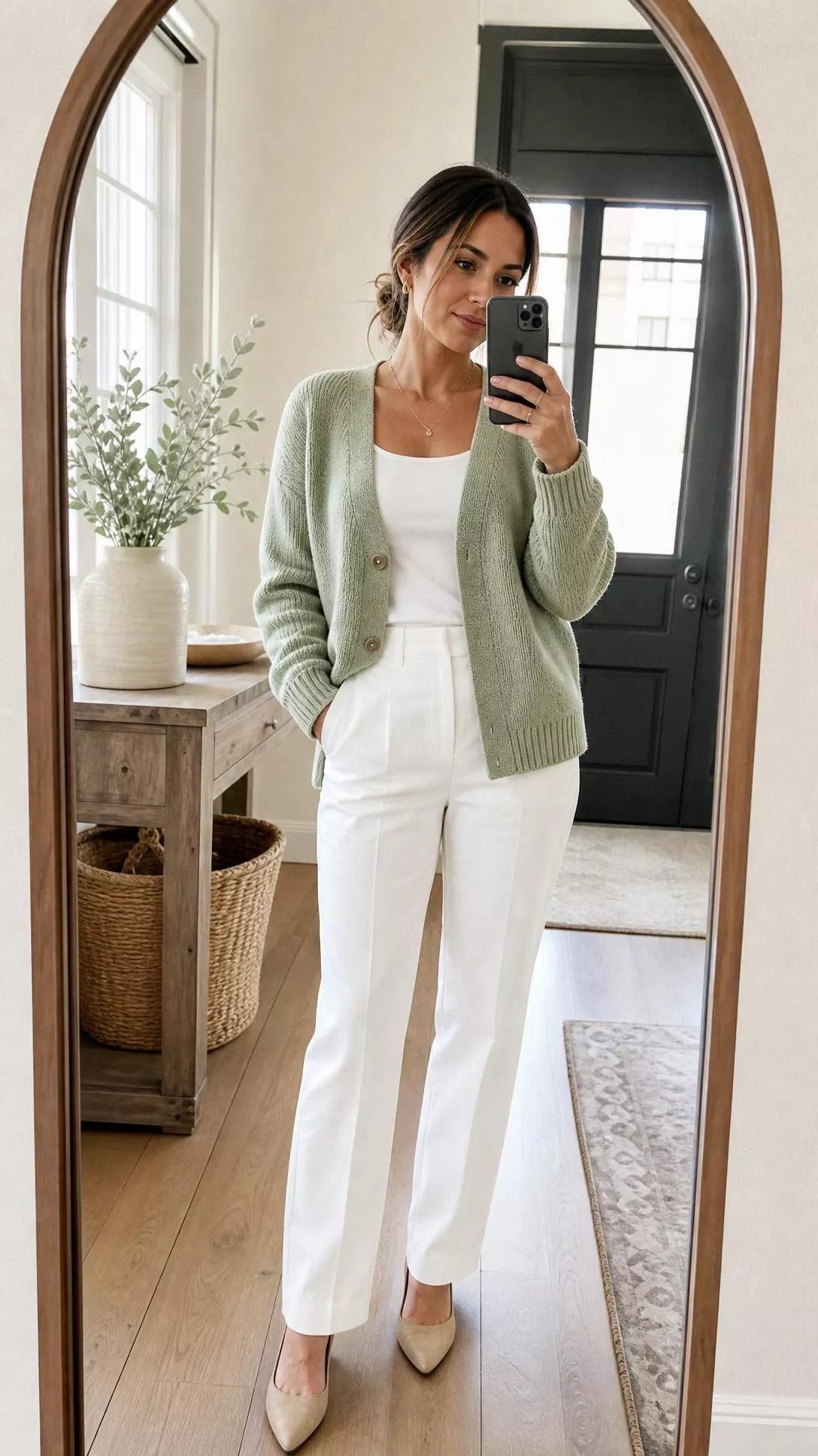 Woman posing in a mirror wearing a green cardigan, white tank top, and white trousers.