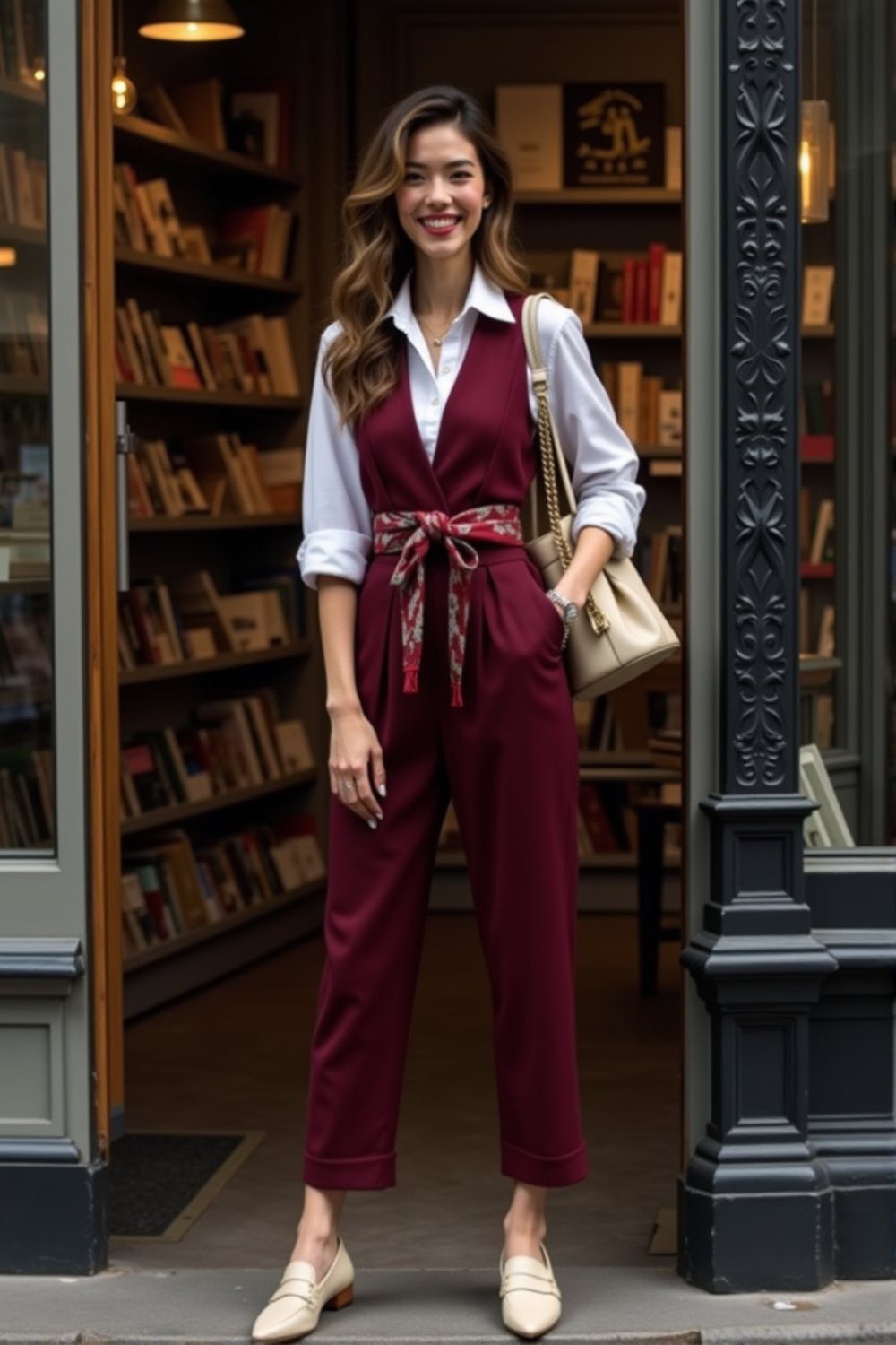 A smiling woman wearing a burgundy jumpsuit over a white shirt standing in a bookstore doorway.