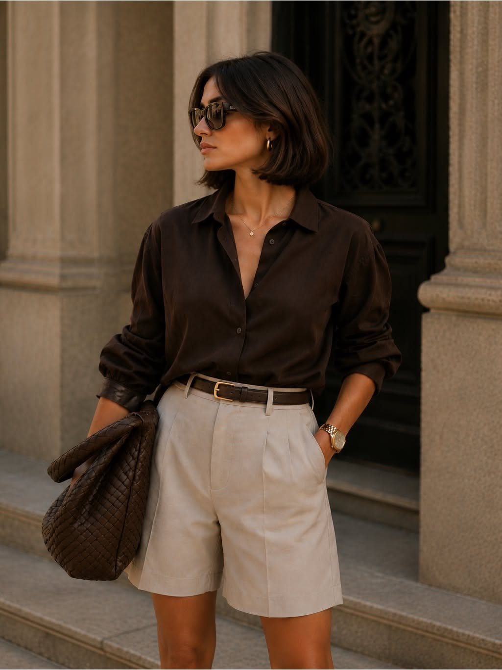 Woman in a brown shirt and beige tailored shorts standing outdoors by stone columns.