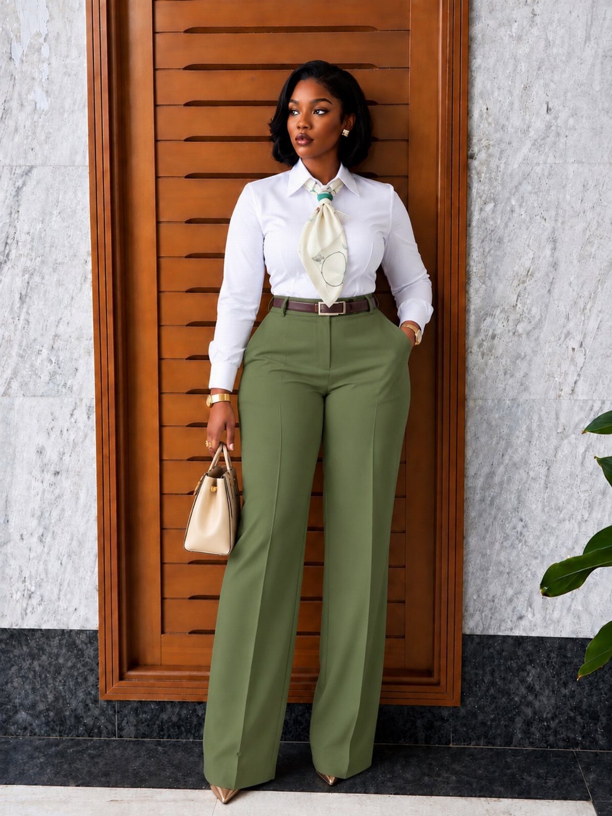 Woman in white blouse and olive green wide-leg trousers holding a beige handbag.