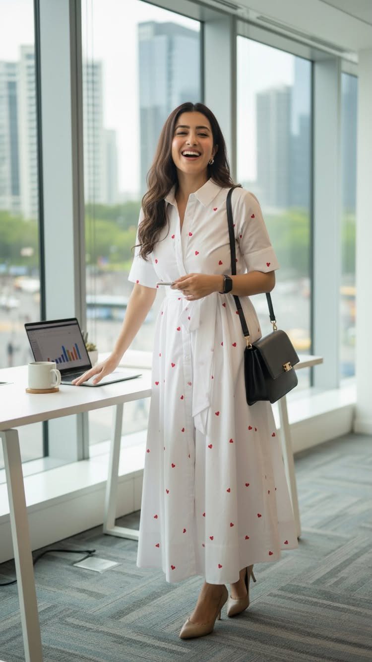 A smiling woman wearing a white patterned midi shirt dress in a bright office setting.