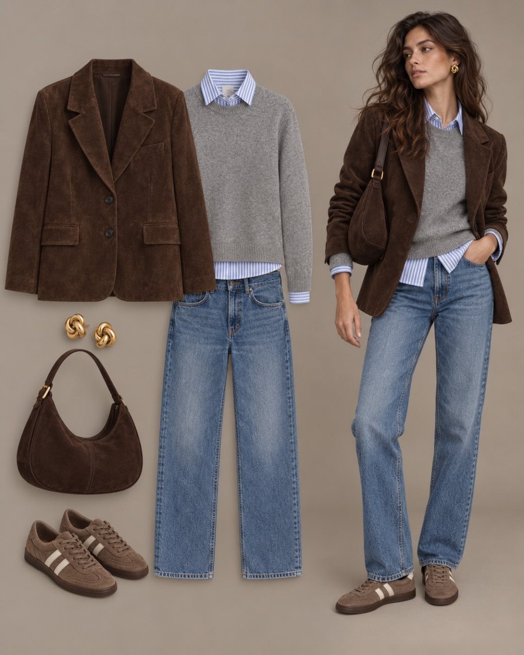 A curated capsule wardrobe featuring a brown blazer, grey sweater, blue jeans, and matching accessories.