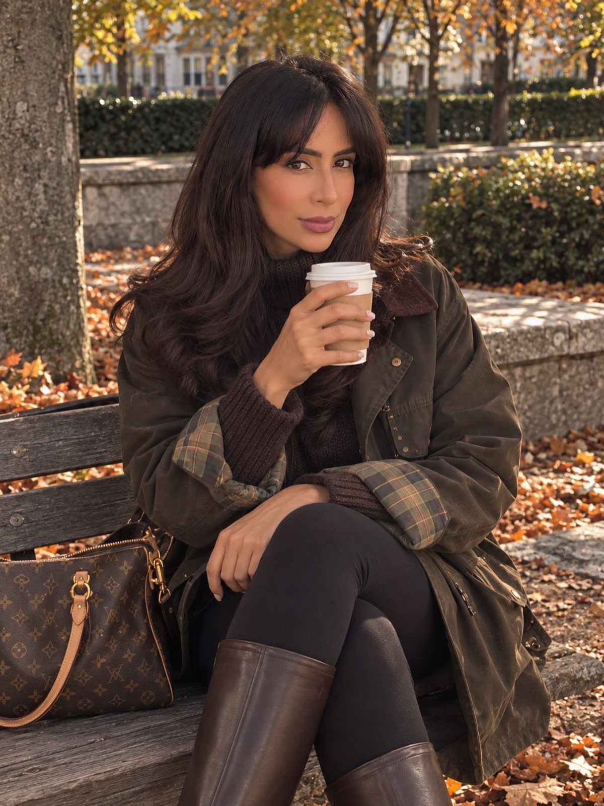 A woman wearing an olive green barn jacket and brown boots sits on a park bench.
